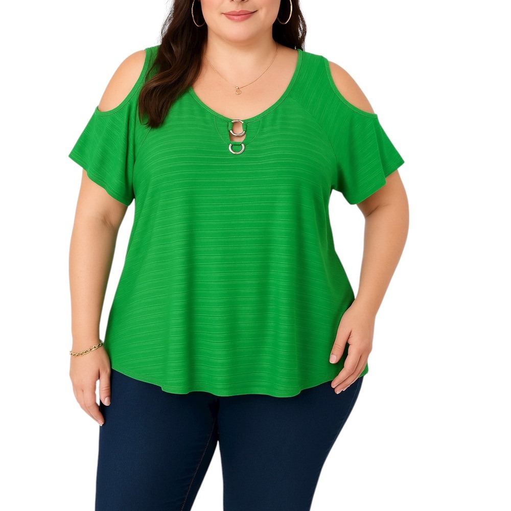 Elie McCarthy Green Cold Shoulder Ring Accent Top Womens XL Stretch Blouse
